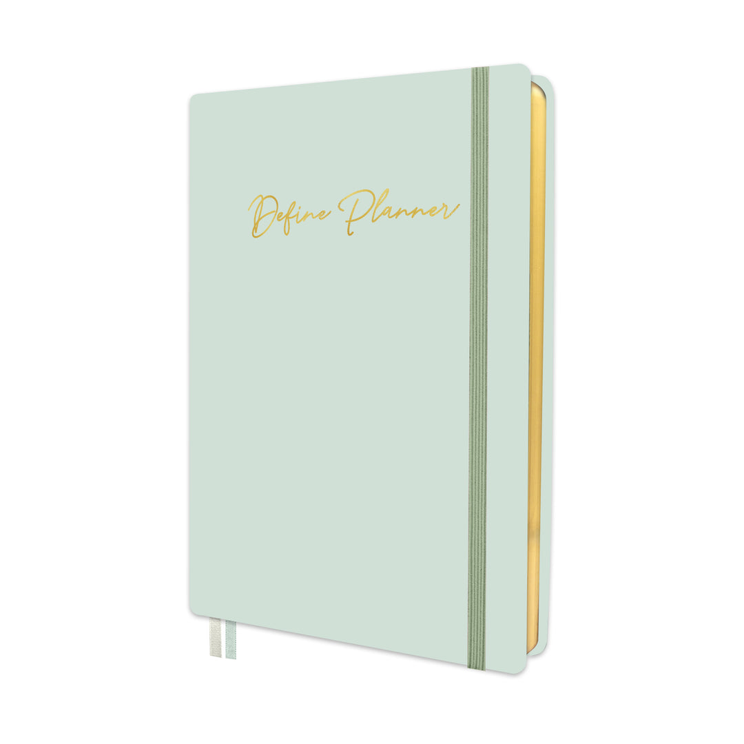 Mint green planner with gold text on a white background 