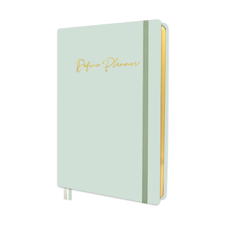 Mint green planner with gold text on a white background 