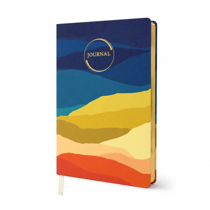 Journal with colorful landscape design on a white background  