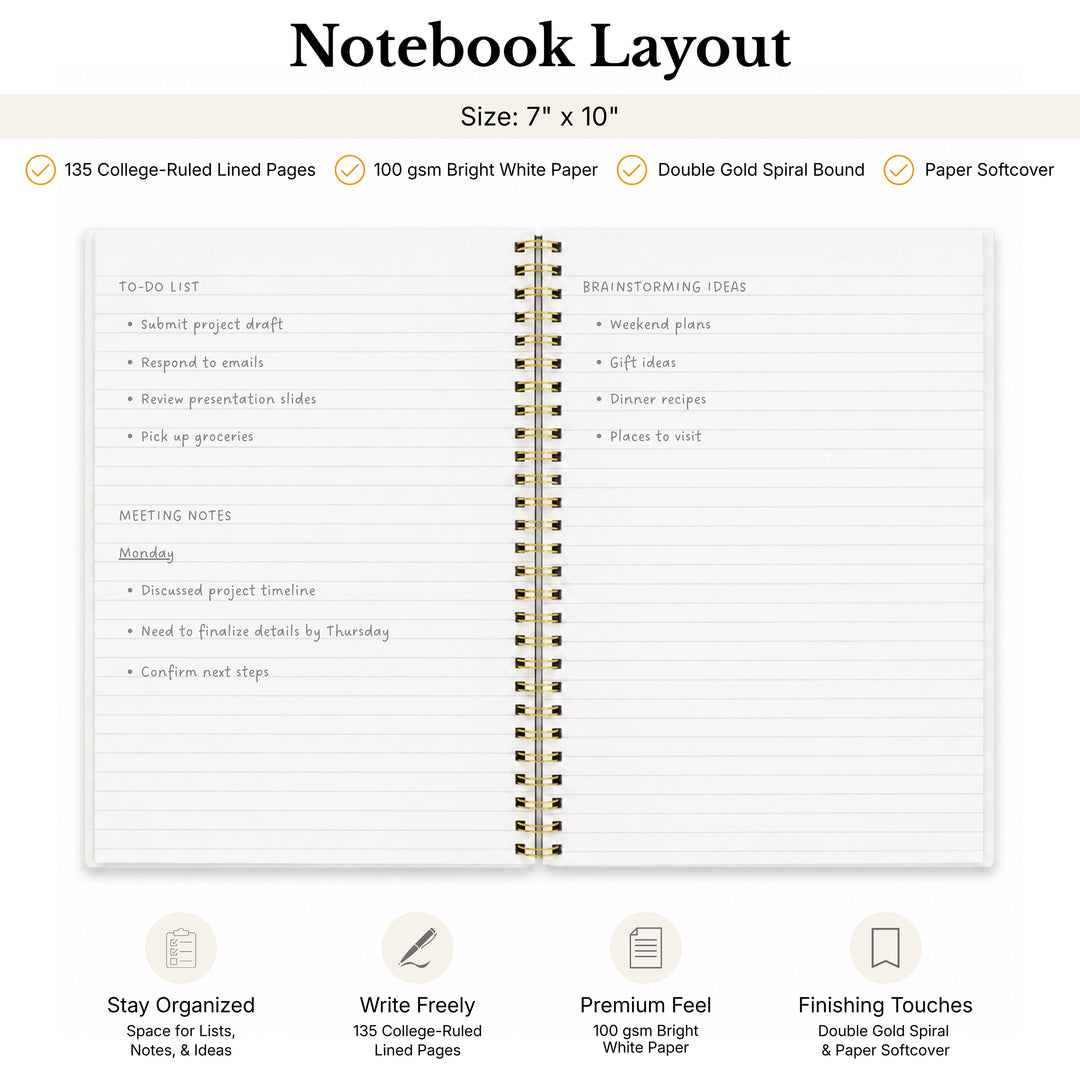 Notebook layout with spiral binding and lined pages, featuring text on a white background. 