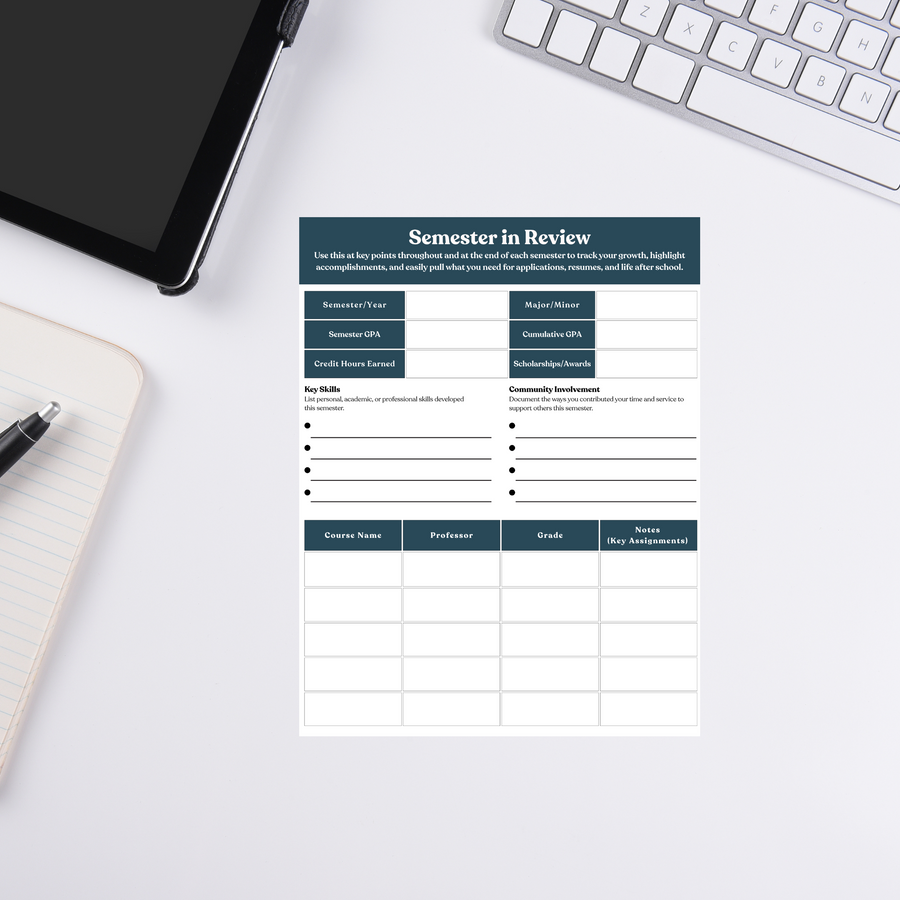 Semester in Review worksheet for tracking GPA, credits, skills, and course details. Ideal business form for academic planning and goal setting.