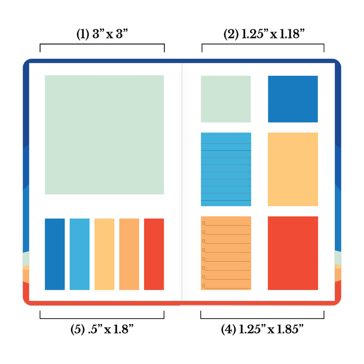 Color sticky notes with measurements for different sizes on a white background #color_solid