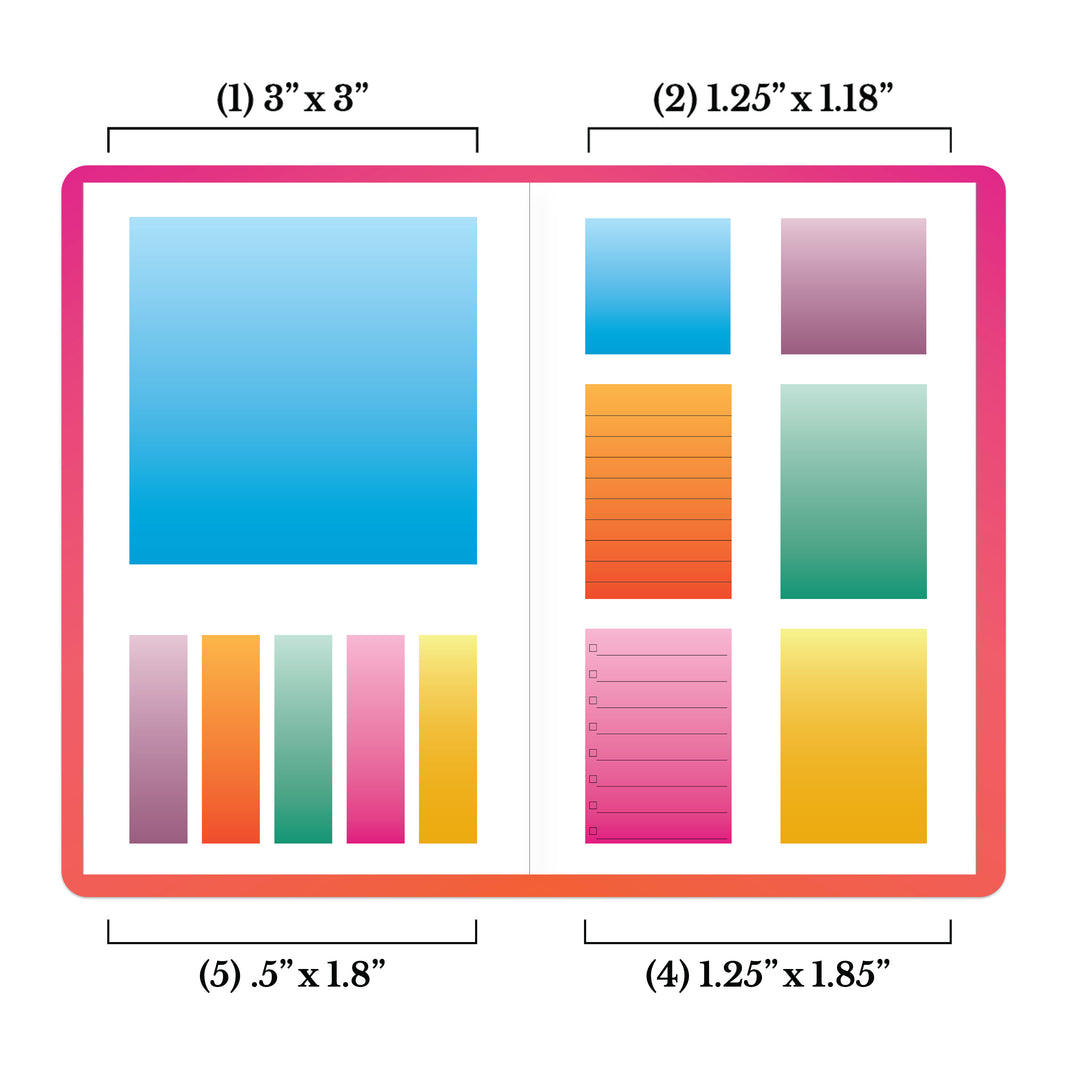 Color sticky notes with dimensions labeled on a white background #color_sunset-blush