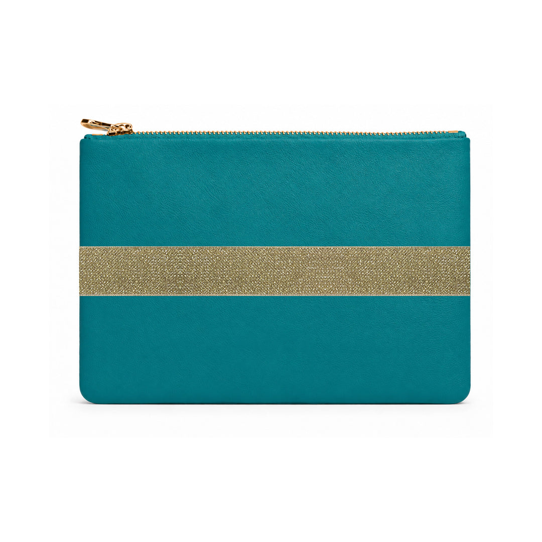 Teal pouch with a gold stripe on a white background 