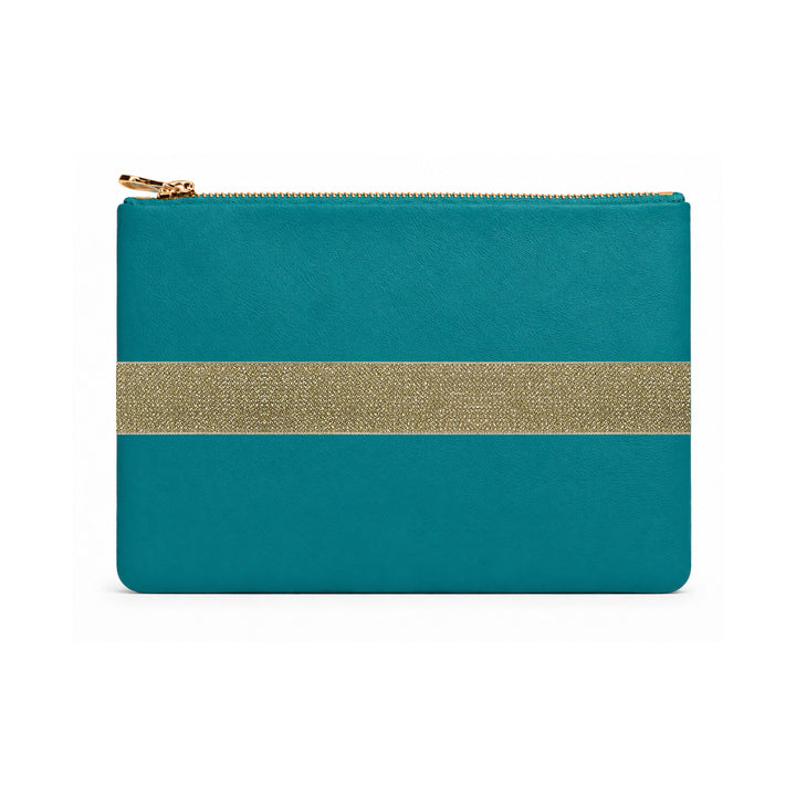 Teal pouch with a gold stripe on a white background 
