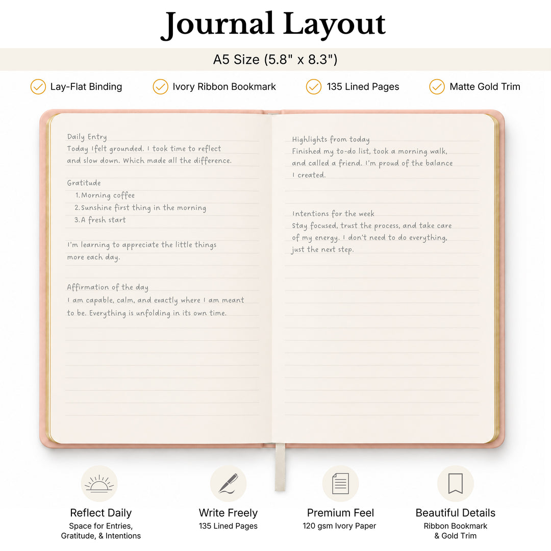 Journal with open pages displaying daily reflections, A5 size 5.8 x 8.3 