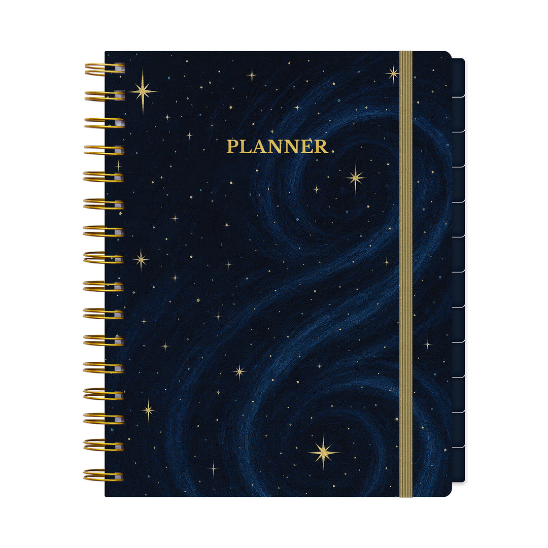 Planner with starry night design and gold spiral binding on a white background #color_midnight-galaxy