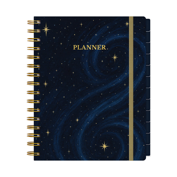 Planner with starry night design and gold spiral binding on a white background #color_midnight-galaxy
