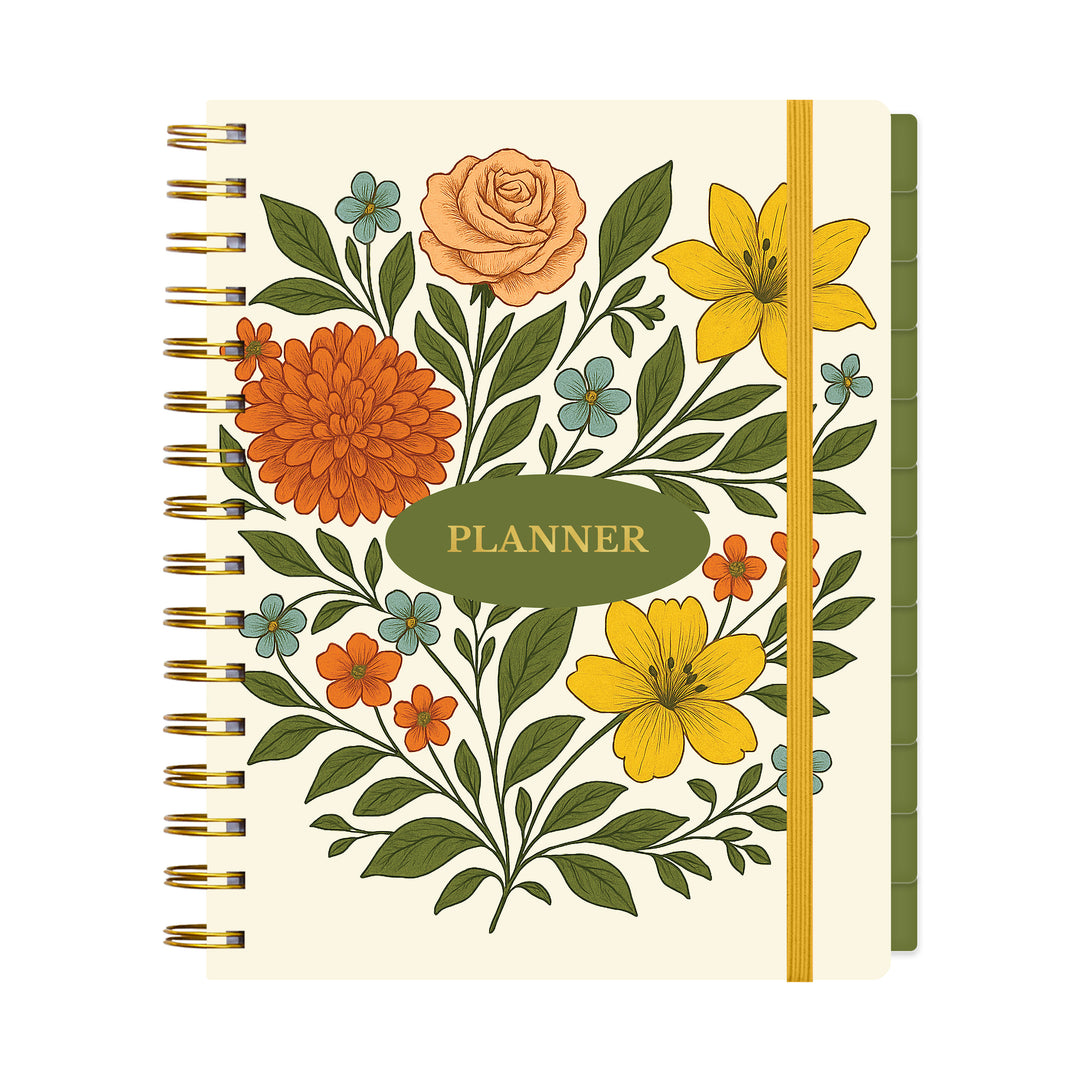 Floral planner with a gold spiral binding on a white background #color_botanical-meadow