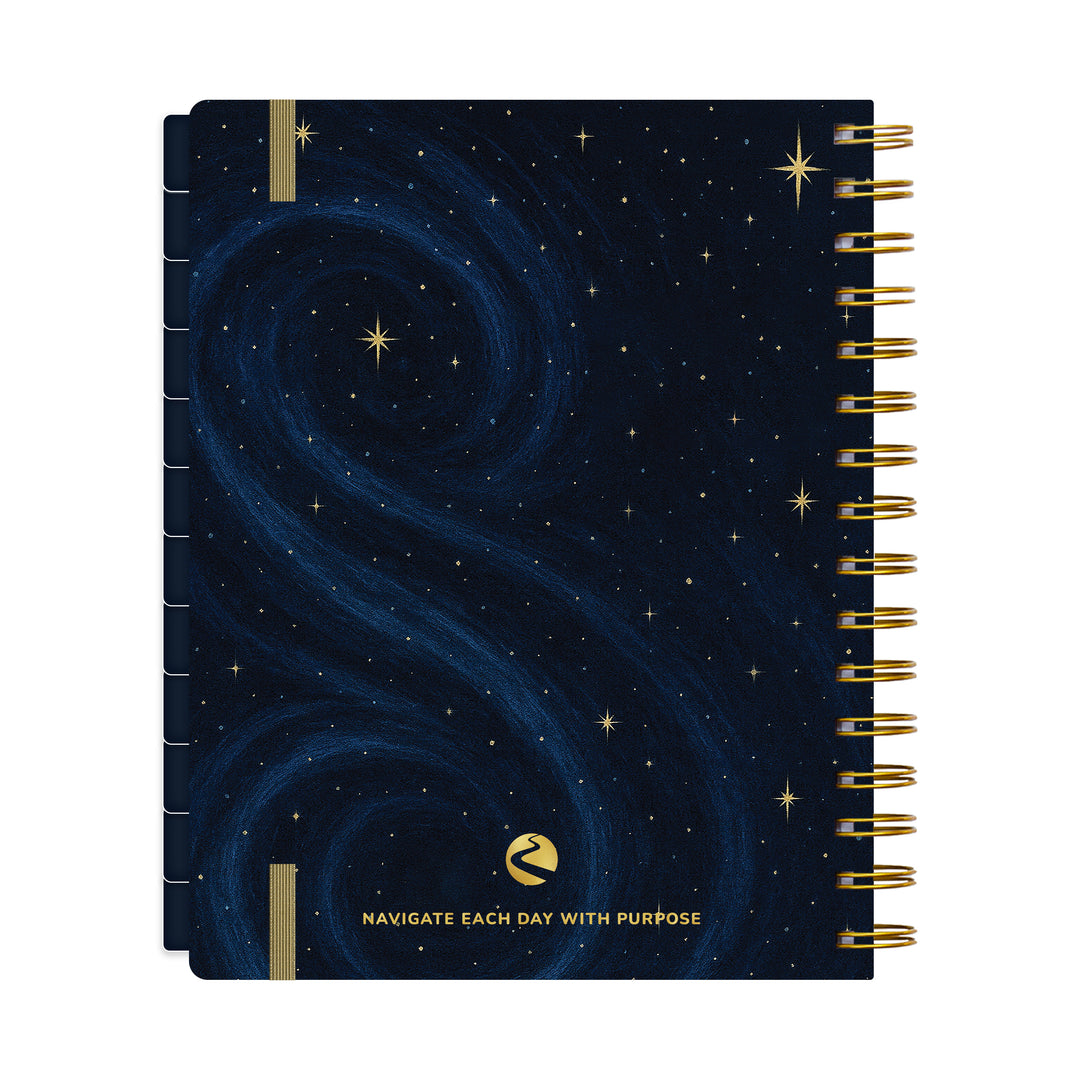Notebook with starry night design and gold accents on a white background #color_midnight-galaxy