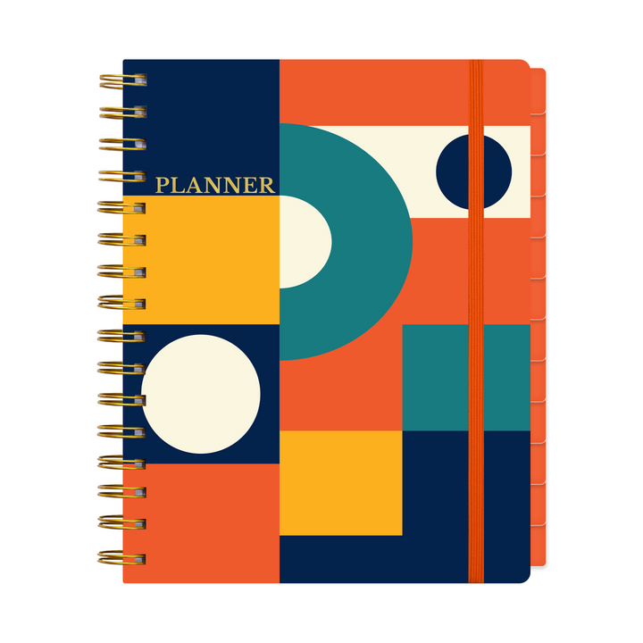 Colorful planner with geometric design on a white background 