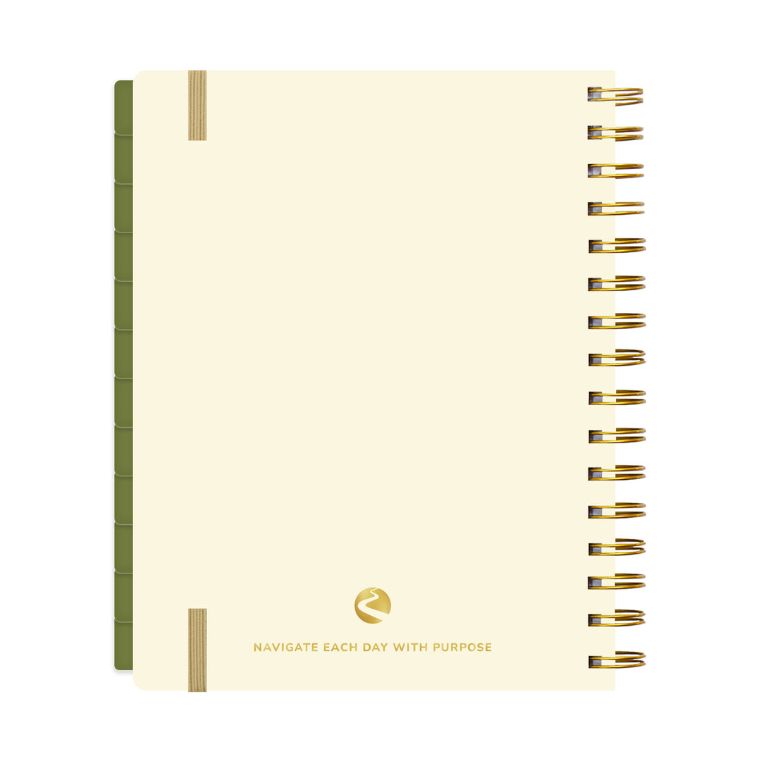 cream color back of planner with gold spiral binding and text on a white background 
