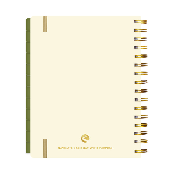cream color back of planner with gold spiral binding and text on a white background 