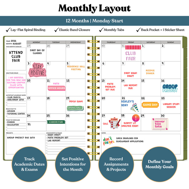 Monthly layout planner with text and icons on a white background #color_botanical-meadow