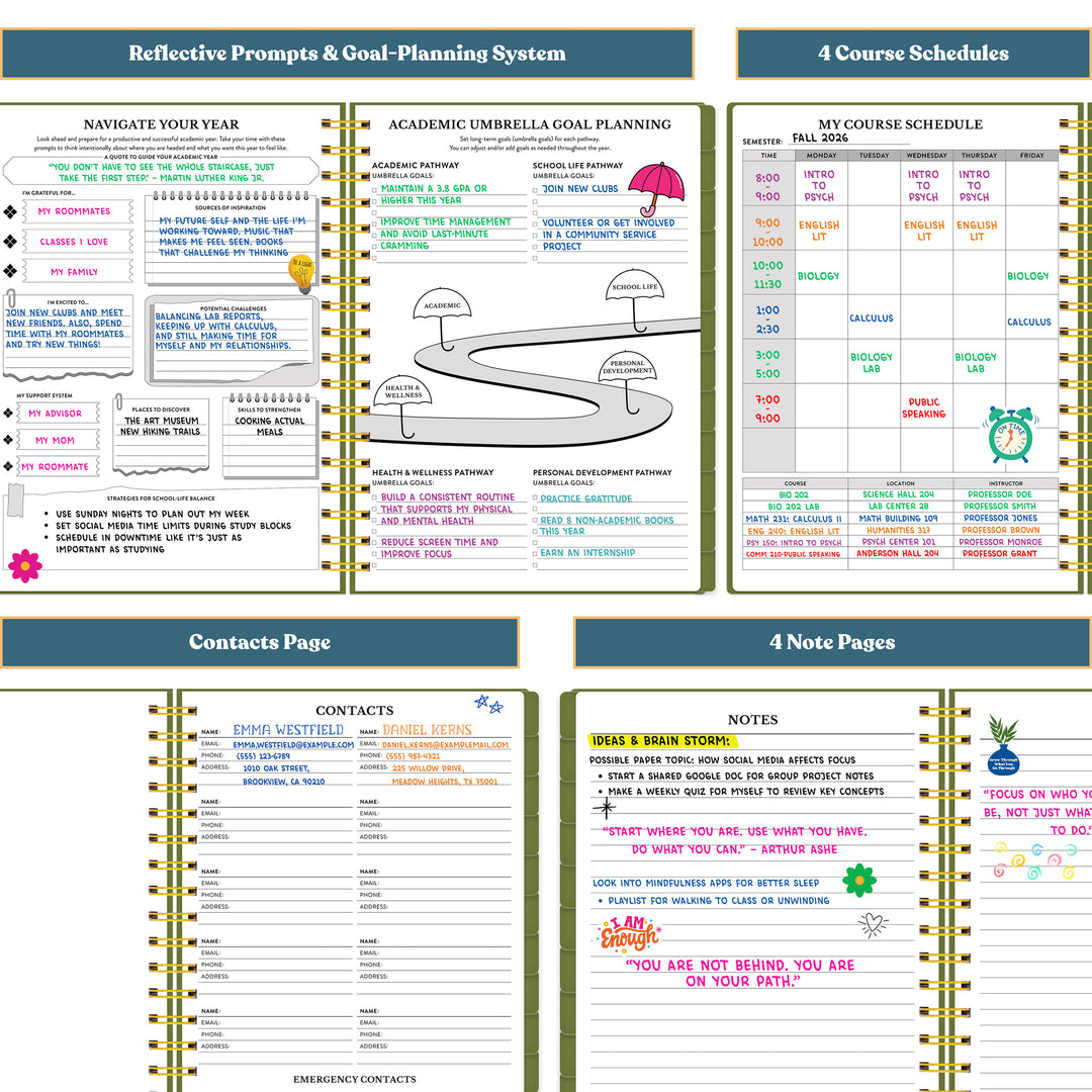 Educational planner with various sections including goal planning, course schedules, contacts page, and notes pages. #color_botanical-meadow