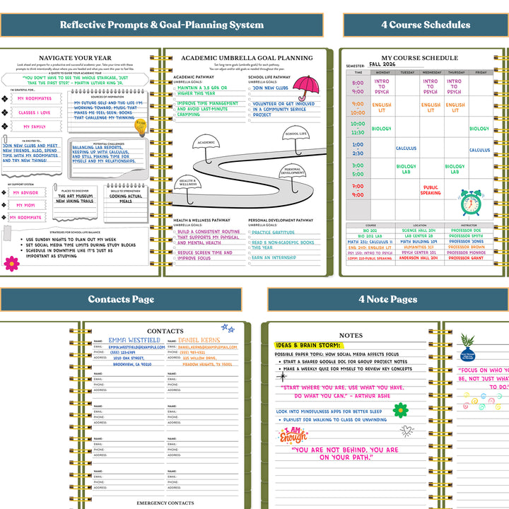 Educational planner with various sections including goal planning, course schedules, contacts page, and notes pages. #color_botanical-meadow