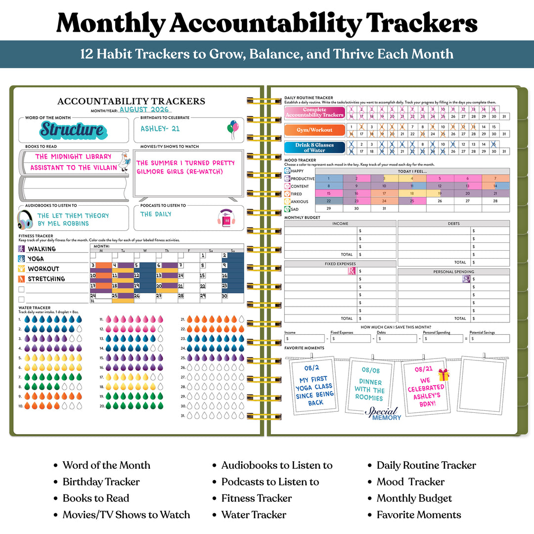 Monthly accountability tracker with various habit tracking sections on a white background #color_botanical-meadow