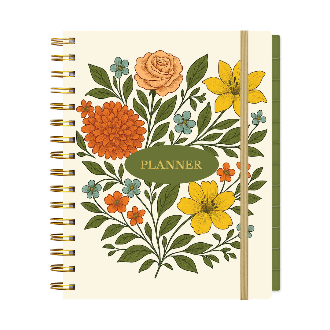 Floral planner with a gold spiral binding on a white background 