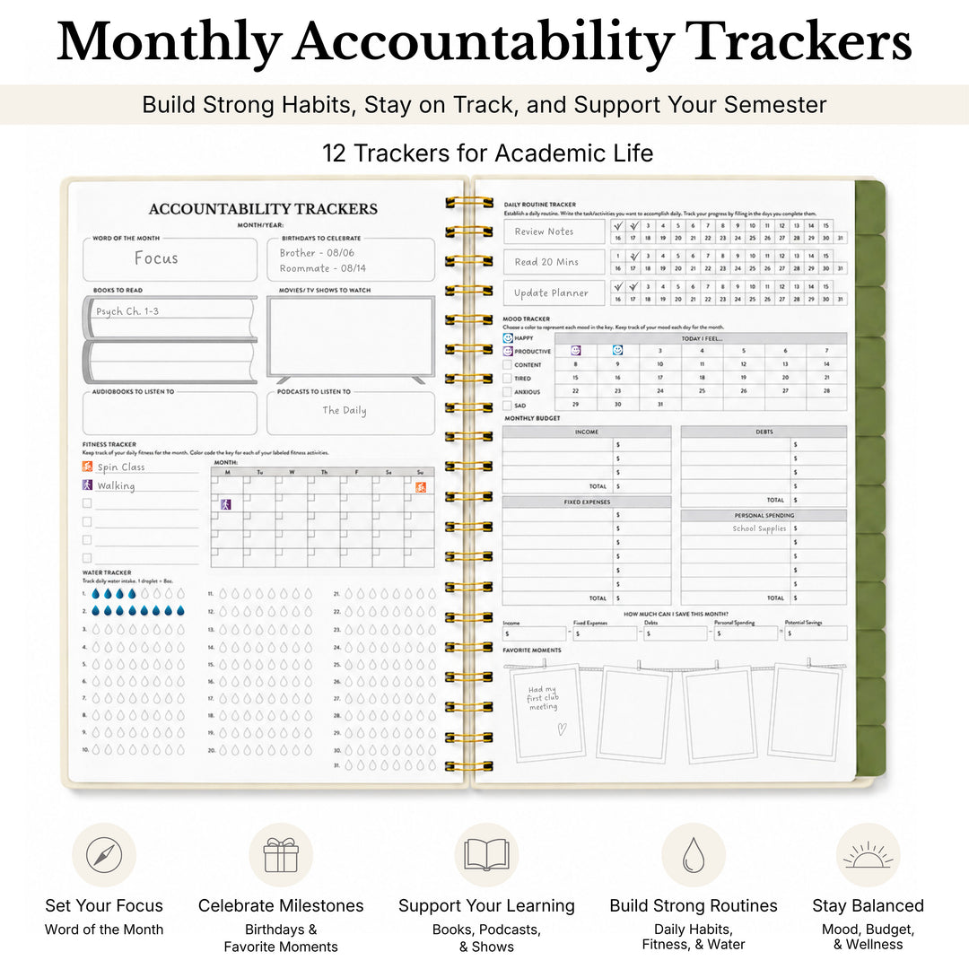 Undated planner opened to the accountability trackers showing 12 trackers for academic life 