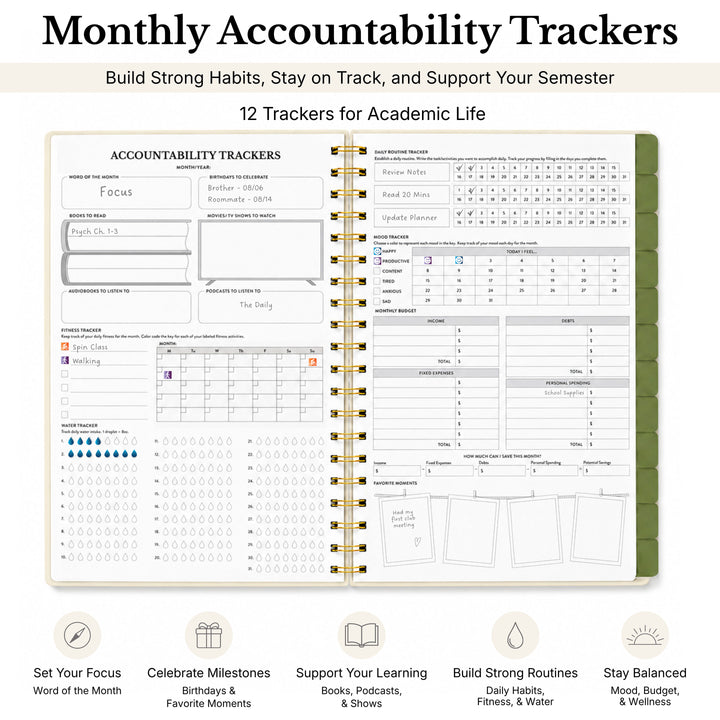 Undated planner opened to the accountability trackers showing 12 trackers for academic life 
