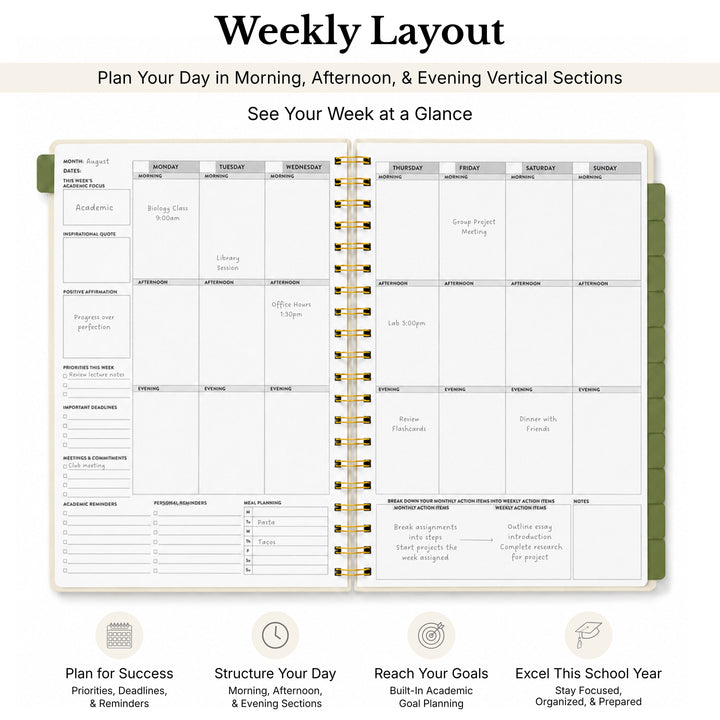 Weekly layout planner with vertical sections for morning, afternoon, and evening, and a green border. 