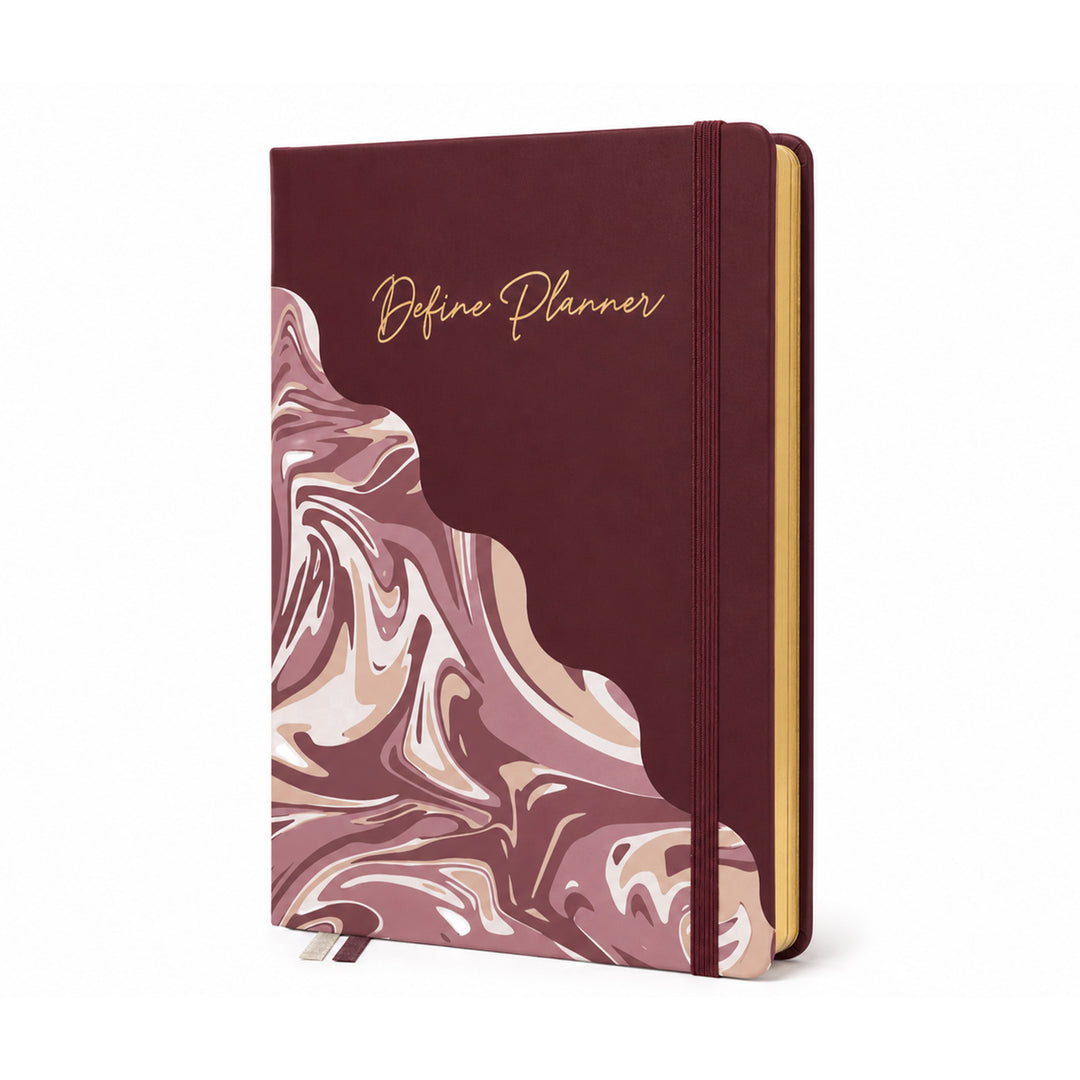 Maroon planner with marble design and 'Define Planner' text on a white background #color_marble-burgundy
