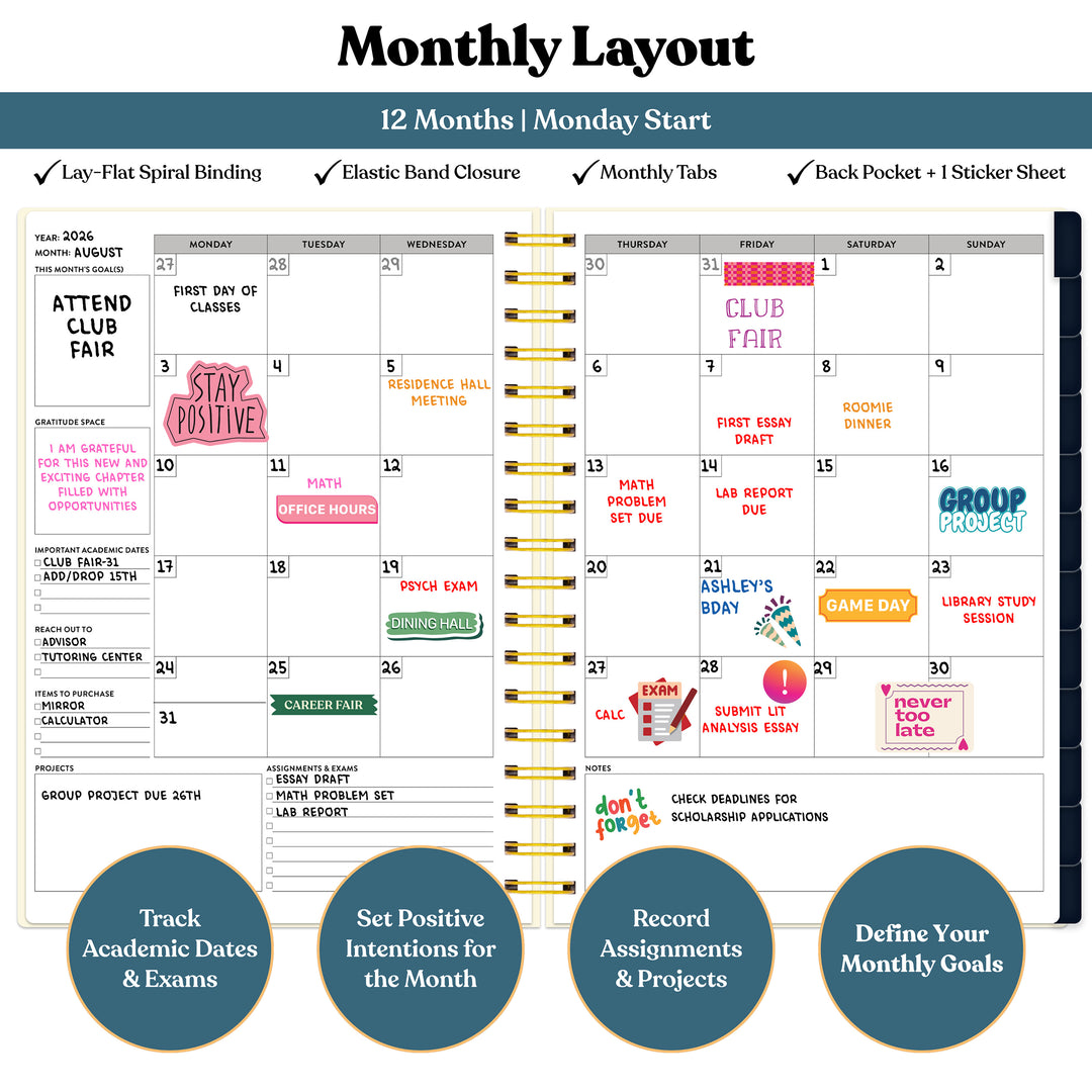 Monthly layout calendar with various notes and events for 2024, featuring a lay-flat spiral binding and elastic band closure. #color_midnight-galaxy