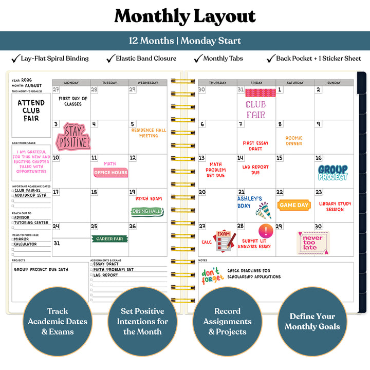 Monthly layout calendar with various notes and events for 2024, featuring a lay-flat spiral binding and elastic band closure. #color_midnight-galaxy