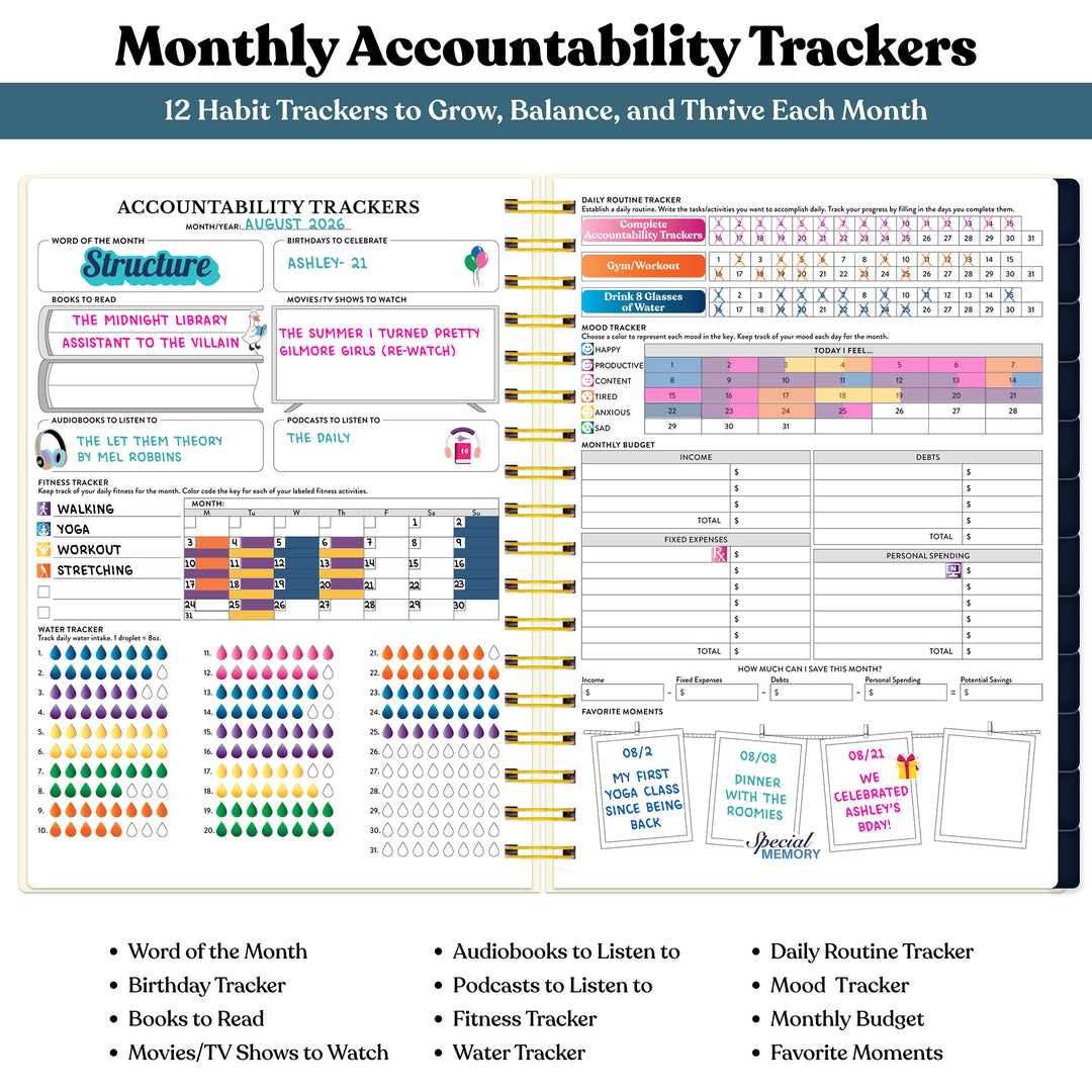 Monthly accountability tracker with various habit tracking sections on a white background #color_midnight-galaxy