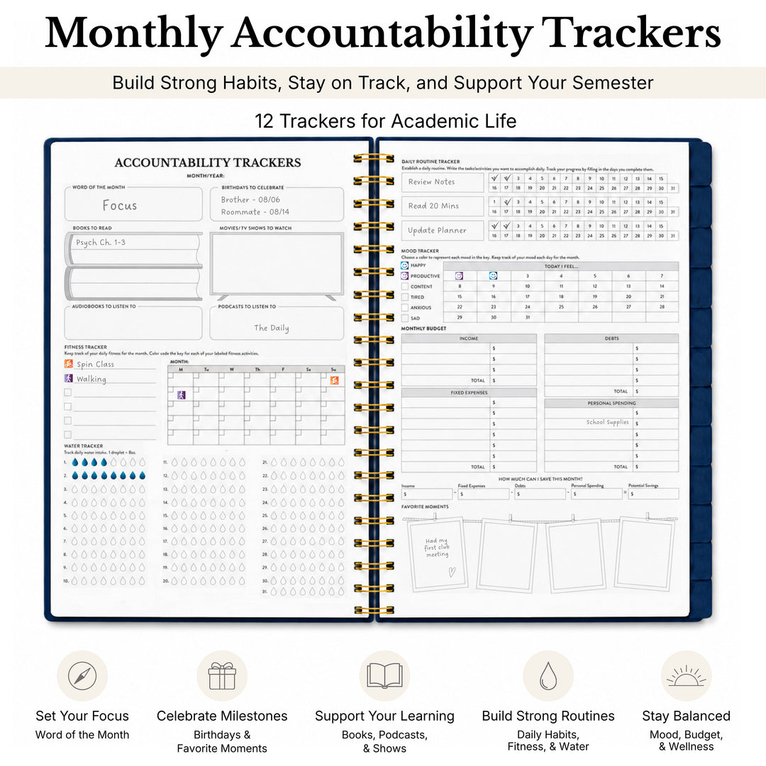 Undated planner opened to the accountability trackers showing 12 trackers for academic life  