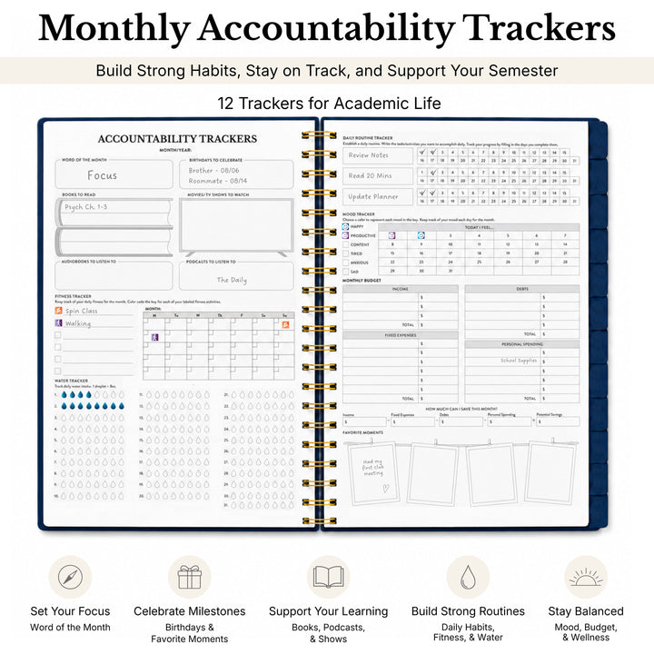 Undated planner opened to the accountability trackers showing 12 trackers for academic life  