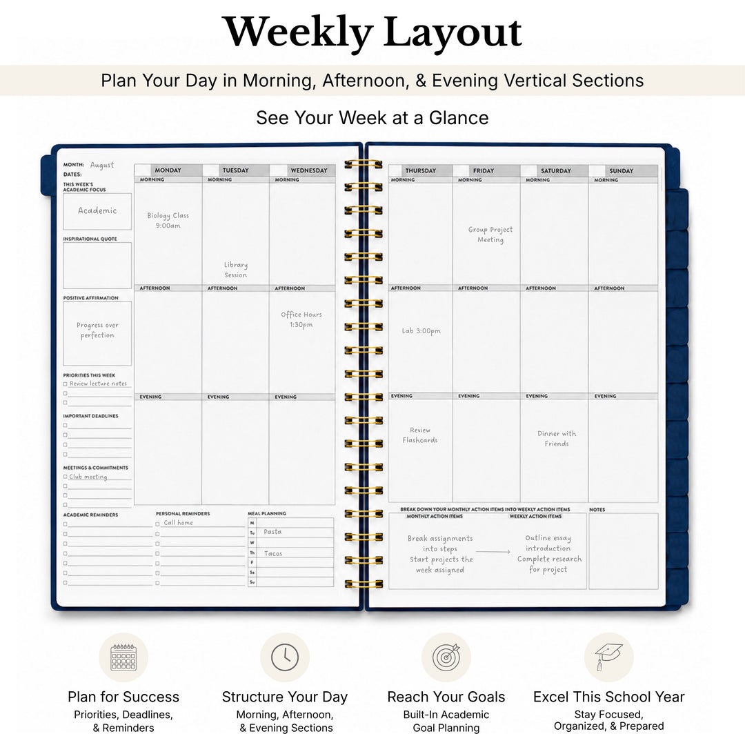 Undated planner opened to the weekly layout showing the week at a glance and monday start  