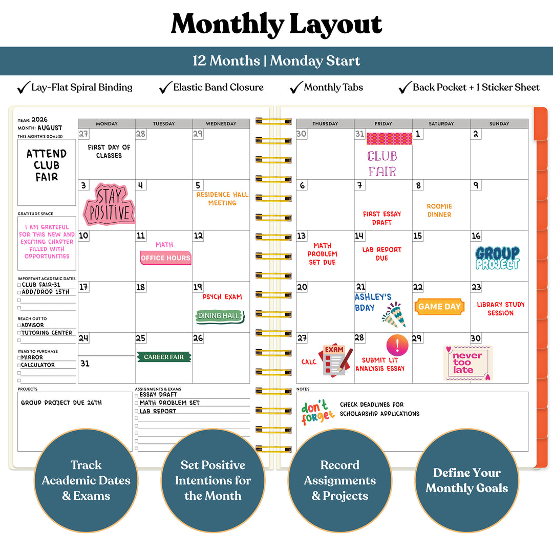 Monthly layout calendar with various events and notes, featuring a blue header and circular icons at the bottom. #color_modern-mosaic