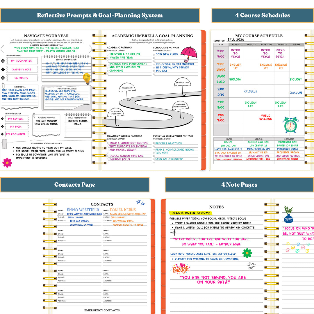 Multifunctional planner with reflective prompts, goal planning, course schedules, contacts page, and notes pages. #color_modern-mosaic