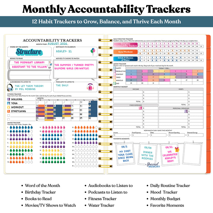 Monthly accountability tracker with various habit tracking sections on a white background #color_modern-mosaic