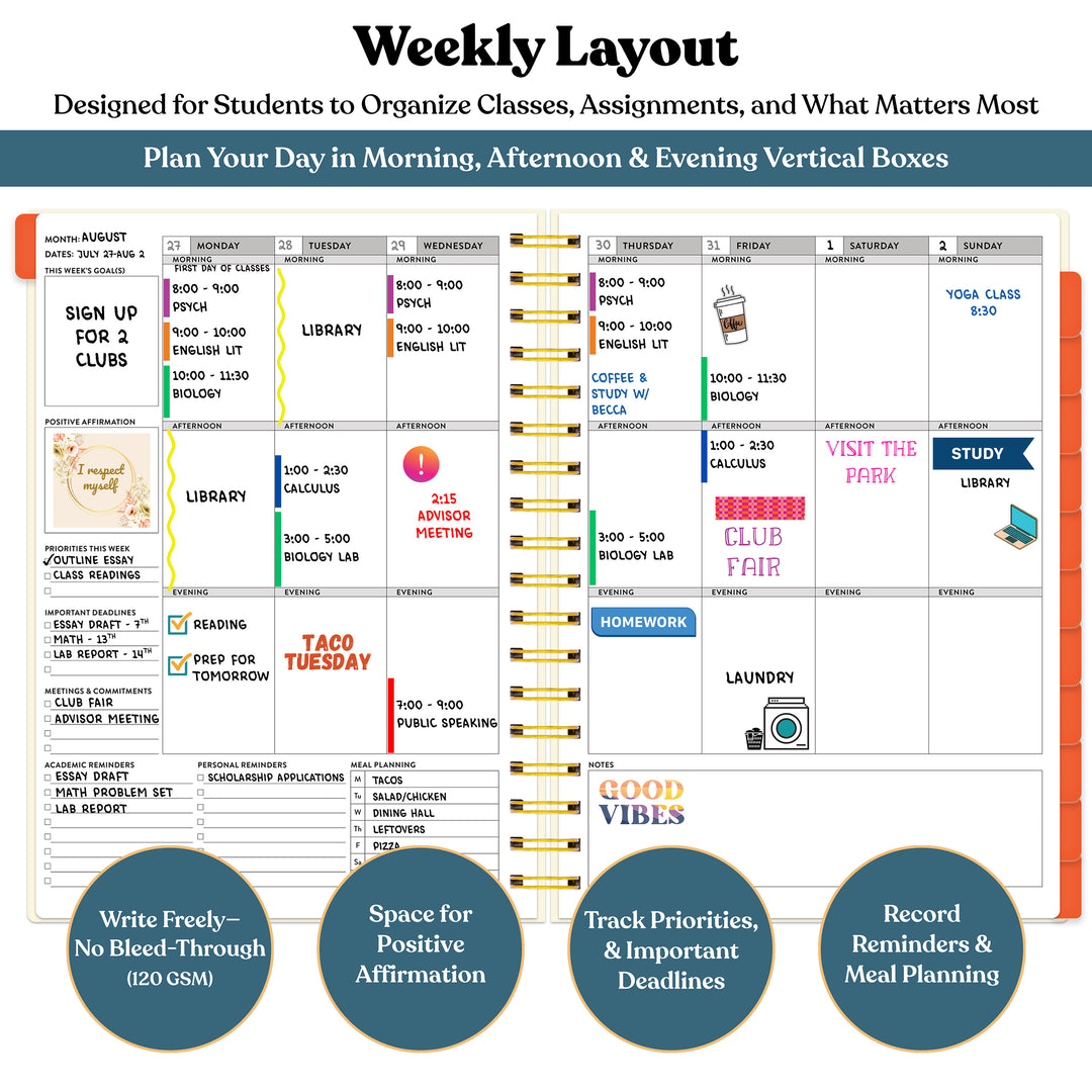 Weekly layout planner for students with various activities and reminders. #color_modern-mosaic