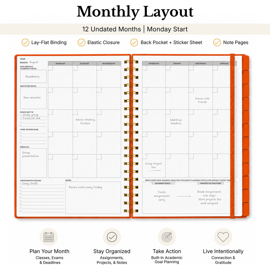 Undated planner opened to the monthly layout showing undated schedule with a monday start 