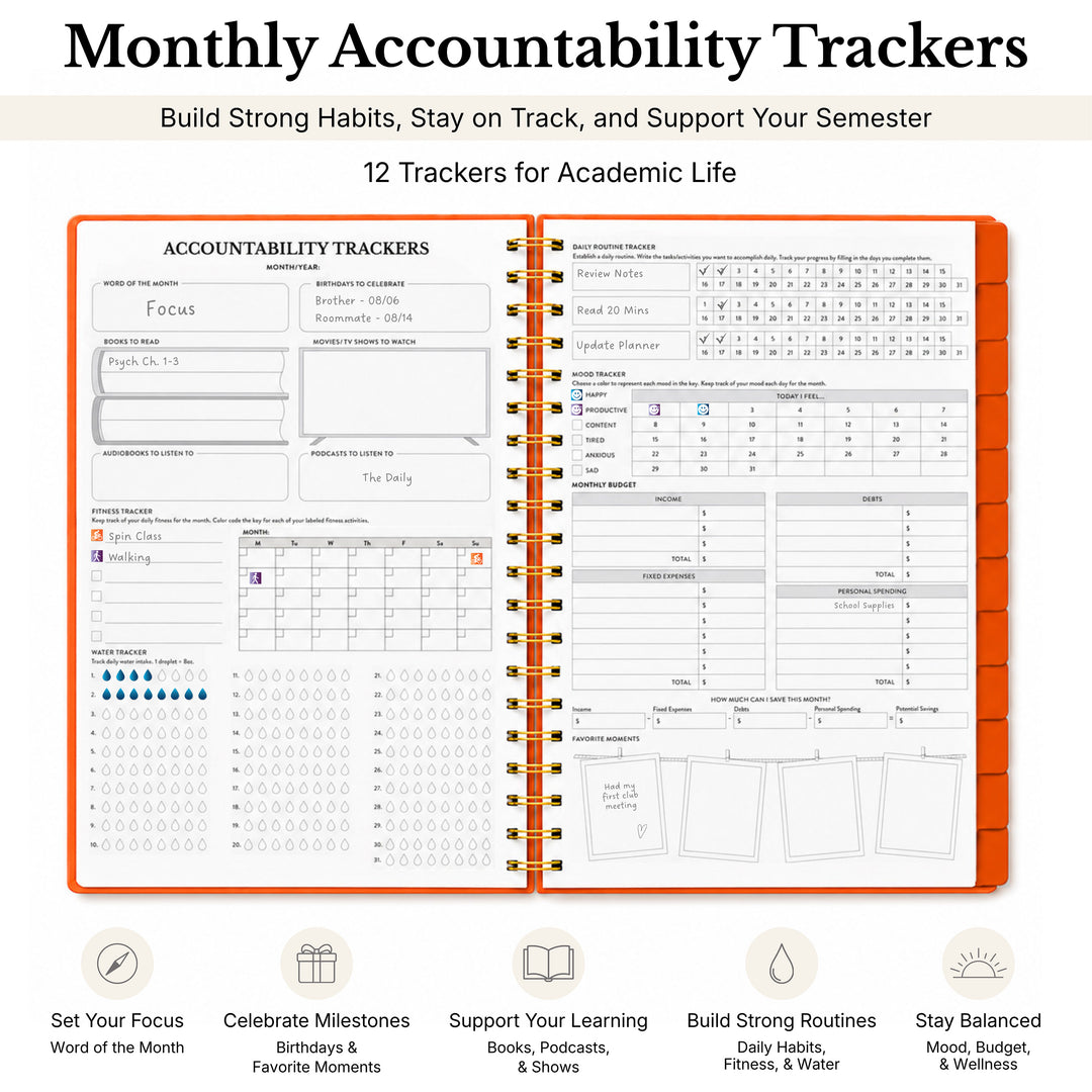 Undated planner opened to the accountability trackers for academic life 