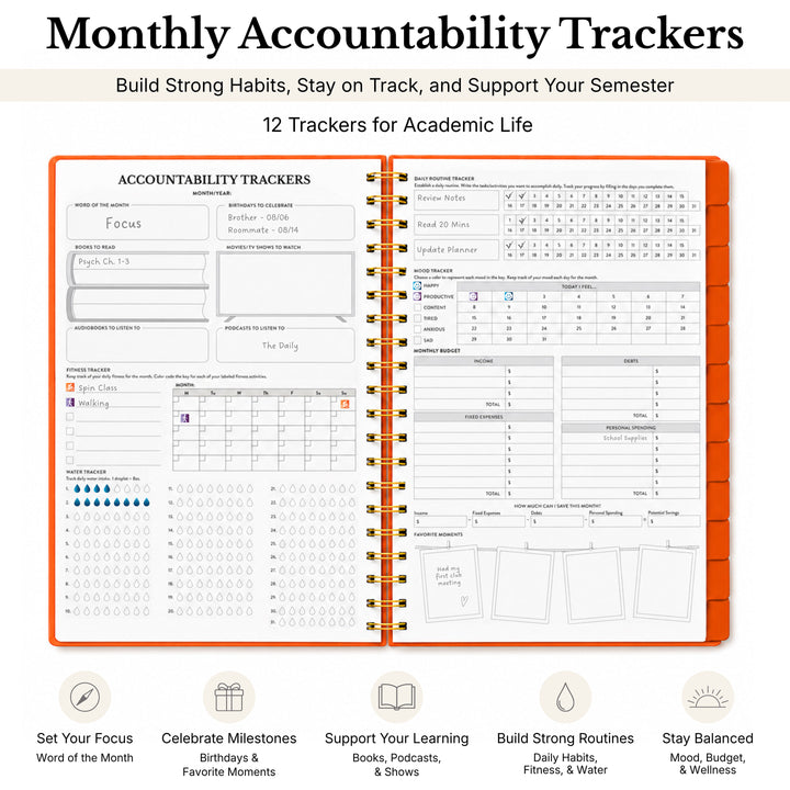 Undated planner opened to the accountability trackers for academic life 