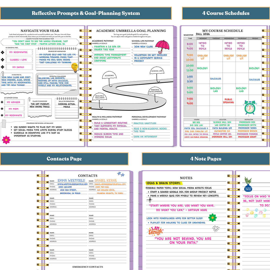 Multifunctional planner with reflective prompts, goal planning, course schedules, contacts page, and notes pages. #color_morning-glow