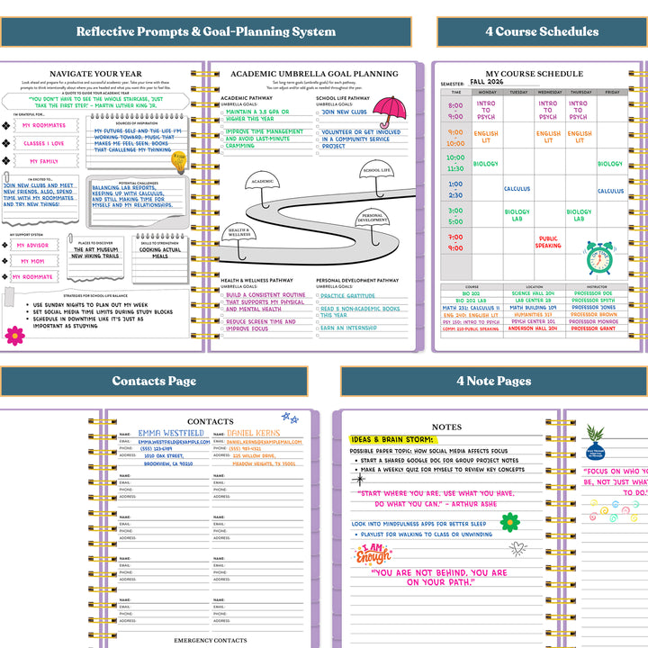 Multifunctional planner with reflective prompts, goal planning, course schedules, contacts page, and notes pages. #color_morning-glow