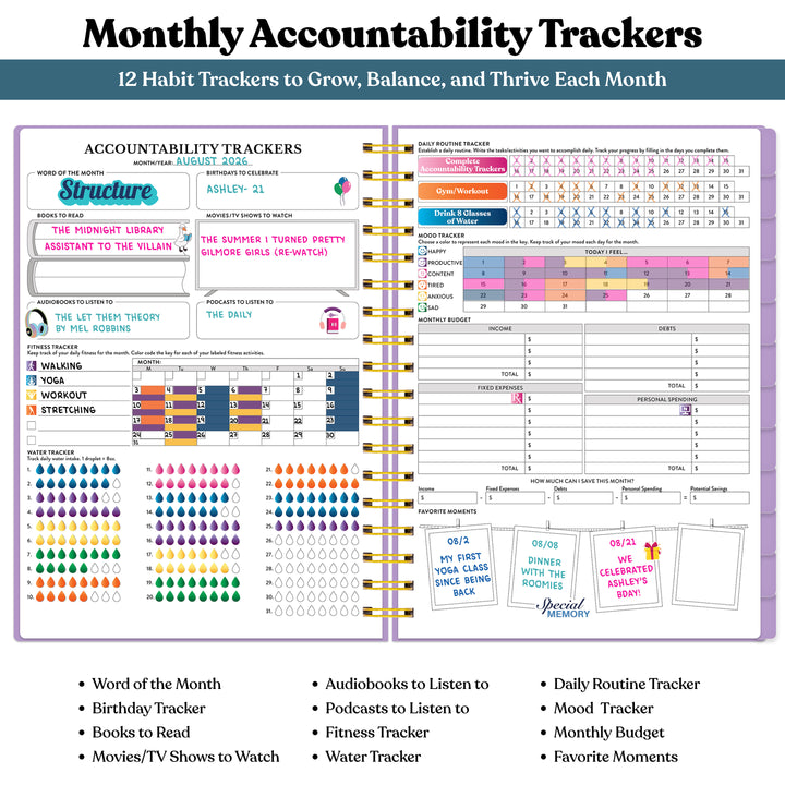 Monthly accountability tracker with various habit tracking sections on a white background #color_morning-glow