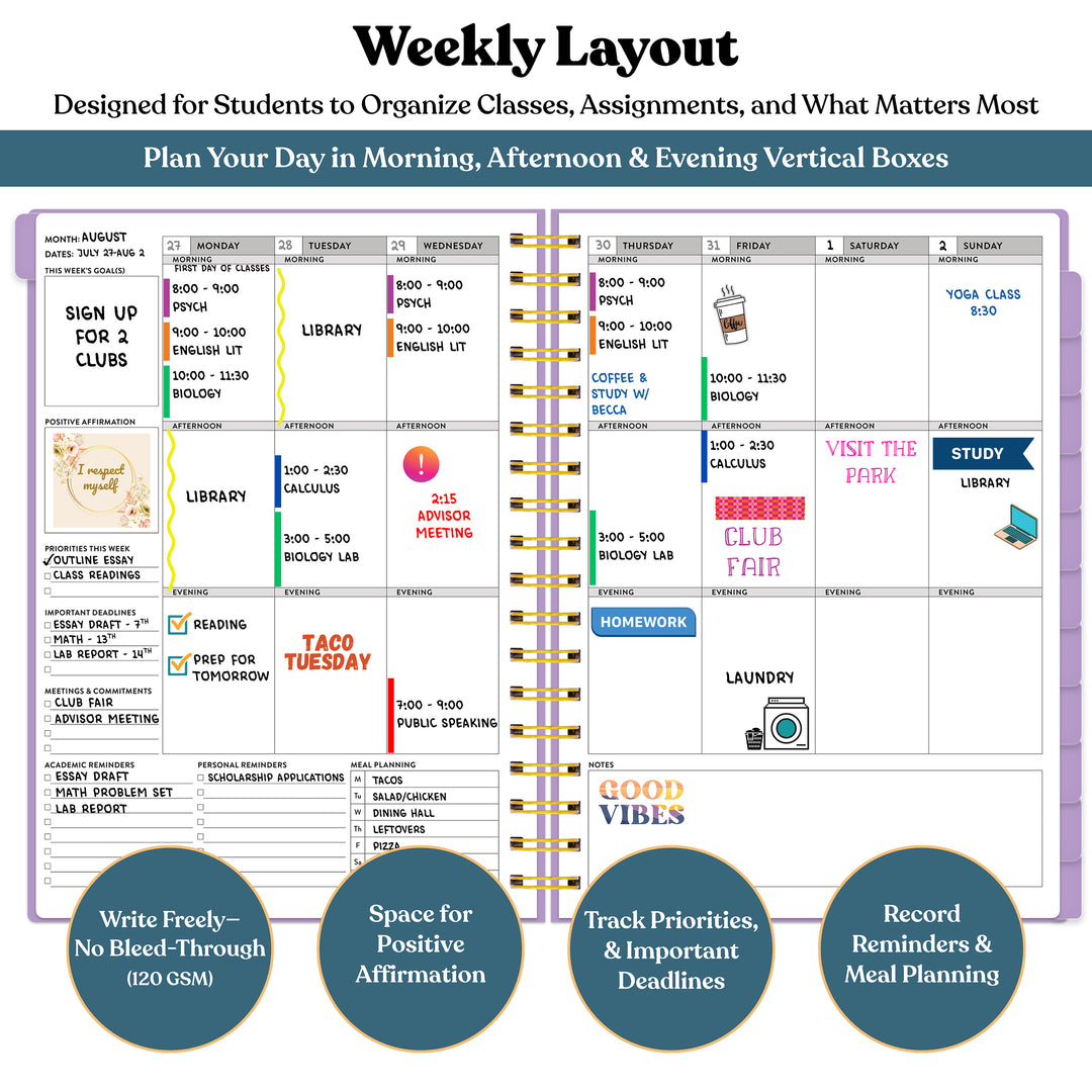 Weekly layout planner for students with various activities and notes. #color_morning-glow