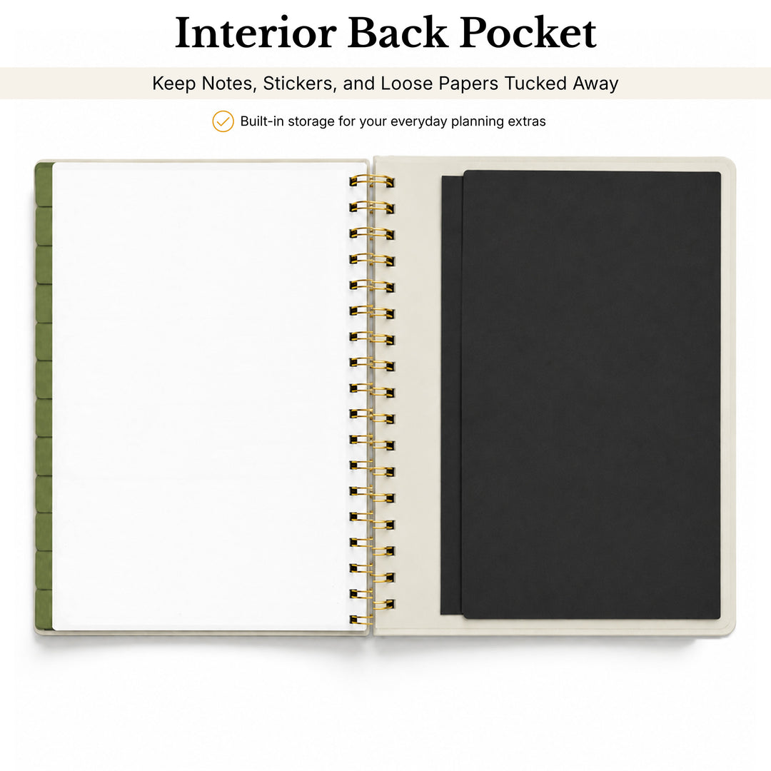 Notebook with an interior back pocket for storage on a white background 