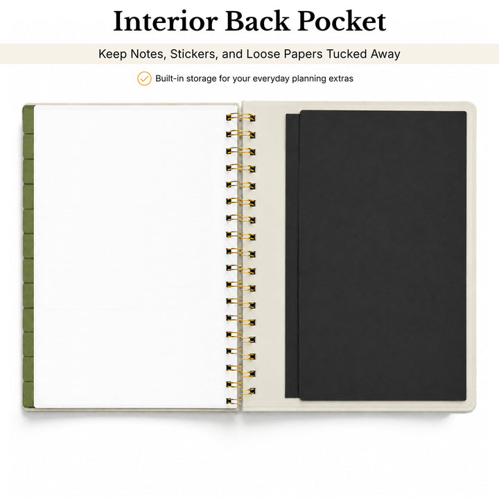 Notebook with an interior back pocket for storage on a white background 
