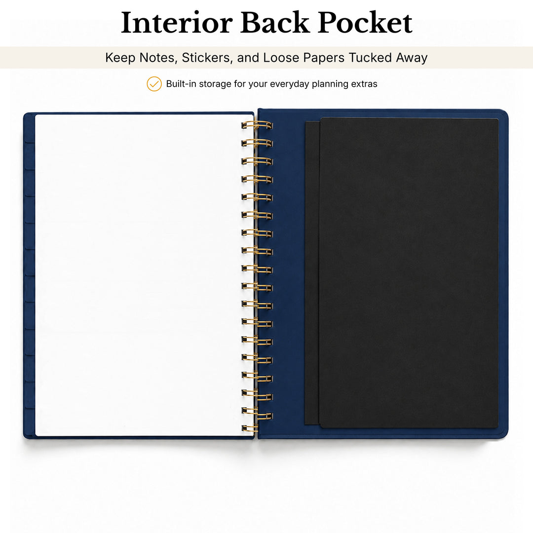 Open notebook showing interior back pocket with text about storage capacity. 