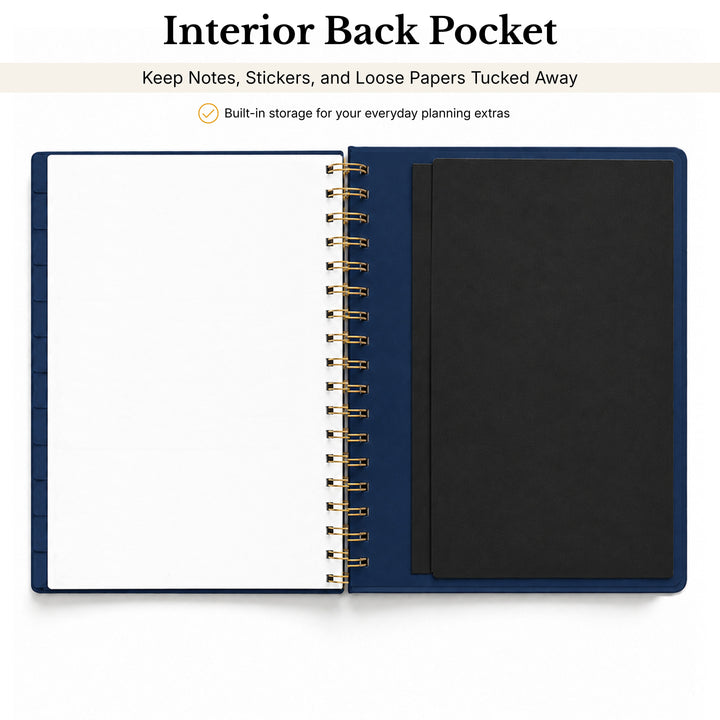 Open notebook showing interior back pocket with text about storage capacity. 
