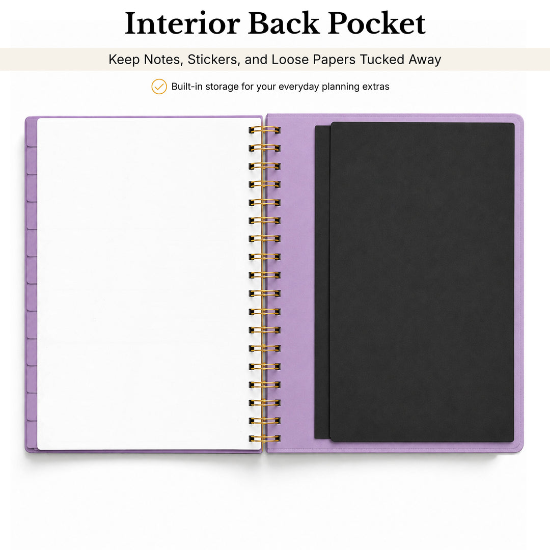 Purple planner with an interior back pocket for storage on a white background 