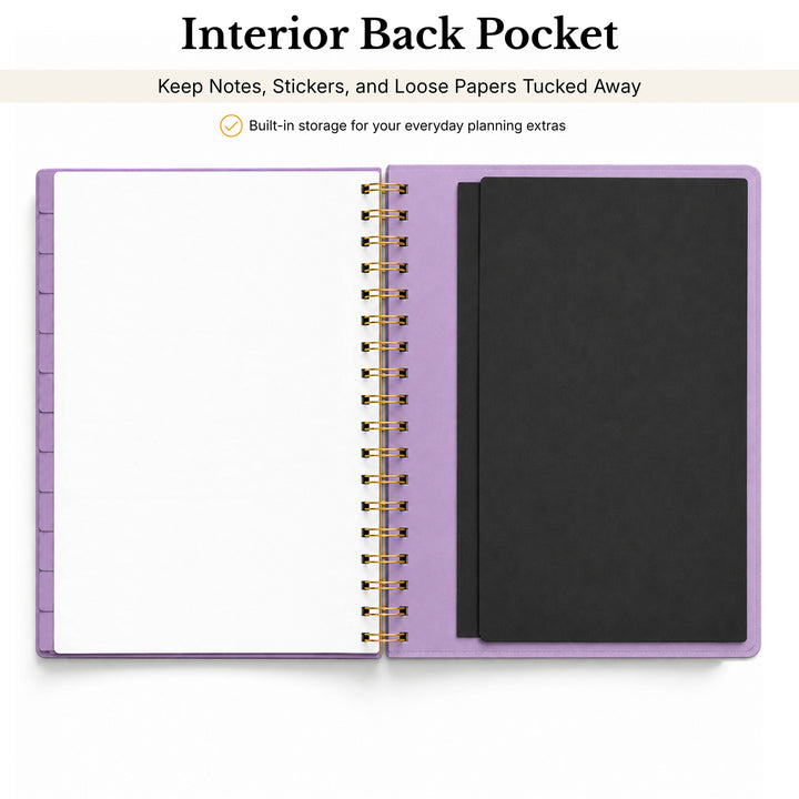 Purple planner with an interior back pocket for storage on a white background 