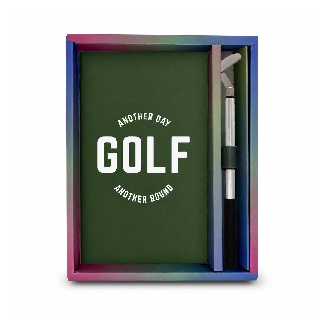 Golf-themed stationery set with a green notebook and pen in a colorful box. 
